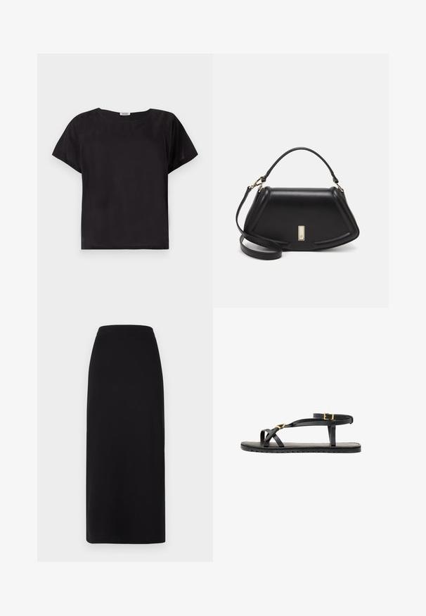 Schwarzes Kurzarmoberteil mit lockerer Passform, Rundhalsausschnitt, glatter Textur und einem einfachen, minimalistischen Design. Keine sichtbaren Muster oder Akzente.; Schwarzer, knöchellanger Rock mit einem taillierten Bund. Hergestellt aus weichem, elastischem Stoff, mit glatter Textur und ohne sichtbare Verzierung.; Schwarze Ledersandalen mit dünnen Riemen und einem geschnallten Knöchelriemen. Flache Sohle mit texturiertem Finish und Zickzackkante. Minimalistisches Design.; Schwarze Lederhandtasche mit einem strukturierten Design, das eine verkürzte Form, einen oberen Griff und goldfarbene Hardware-Details aufweist. Verstellbarer Schulterriemen ist enthalten.