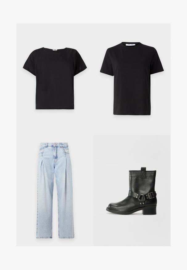 Maglietta nera a maniche corte con una vestibilità rilassata, scollatura rotonda, texture liscia e un design semplice e minimalista. Nessun motivo o accento visibile.; T-shirt nero a maniche corte realizzato in morbido cotone, con scollatura rotonda, vestibilità rilassata e una superficie liscia. Nessun motivo o grafica visibile.; Jeans in denim azzurro chiaro con vita alta, taglio a gamba larga, due tasche laterali e design plissettato. Texture morbida con una finitura sbiadita.; Samsøe Samsøe SABRENTA - Stivaletti texani / biker - black