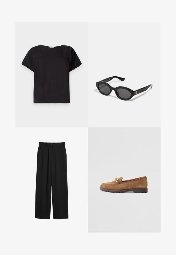 Zwarte korte mouw top met een relaxte pasvorm, ronde hals, gladde textuur en een eenvoudig, minimalistisch ontwerp. Geen zichtbare patronen of accenten.; Zwarte wijde broek gemaakt van gladde stof, met een elastische tailleband, zijzakken en een knoopsluiting in de taille.; Tamaris Instappers - camel; Zwarte ovale zonnebril met donkere glazen en een glanzend kunststof frame. Heeft een gouden logo op de poot, dat een strakke en moderne uitstraling biedt.; Gouden ronde stud oorbellen met een gepolijste afwerking en een kleine post. Ze hebben een gladde textuur en een reflecterend oppervlak.