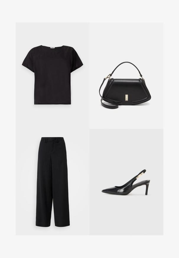 Maglietta nera a maniche corte con una vestibilità rilassata, scollatura rotonda, texture liscia e un design semplice e minimalista. Nessun motivo o accento visibile.; Pantaloni neri a gamba larga realizzati in tessuto morbido, con un design a vita piatta, dettagli plissettati e passanti per cintura in vita.; Scarpa nera in pelle con tacco alto e cinturino alla caviglia, punta affusolata, superficie liscia e dettagli in metallo dorato.; Borsa a mano in pelle nera con un design strutturato, caratterizzata da una forma corta, manico superiore e accessori in metallo dorato. Inclusa tracolla regolabile.