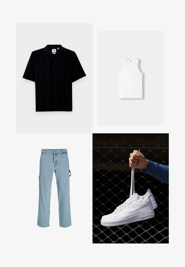 Kratke rukave, črna majica iz teksturirane tkanine, ki ima ovratnik in šest sprednjih gumbov, s ravnim robom in sproščenim krojem.; Bela bombažna majica brez rokavov z okroglo izrezom, širokimi naramnicami in ravnim robom, ki se ponaša z gladko teksturo in brez vidnih vzorcev.; Svijetloplave traper cargo hlače s opuštenim krojem, s bočnim petljama za vezivanje i prednjim džepovima, koje prikazuju izblijedjeli teksturu.; Bela usnjena športna obutev s perforacijami, okroglo konico, ravnim podplatom in debelimi vezalkami, z vidnim logotipom smoosh in napisom "AIR" na peti.