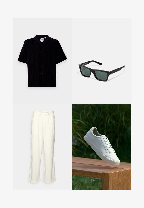 Īsām piedurknēm melna krekls no teksturēta auduma ar apkakli un sešām priekšējām pogām, ar taisnu apakšmalu un brīvu piegriezumu.; Lina bikses off-white krāsā ar saistāmu jostasvietu, nedaudz platām kājām un sarullētām apakšmalām, lai nodrošinātu brīvu piegriezumu. Bez kabatām.; Baltas šņorējamais sneakers, kas pārvietojas virs koka solu ar zaļiem zariem fona, izceļot apavu dizainu un tekstūru.; Melni taisnstūra saulesbrilles ar zaļiem stikliem, ar matētu apdari, taisnām kājām un Ray-Ban logotipu sānos.