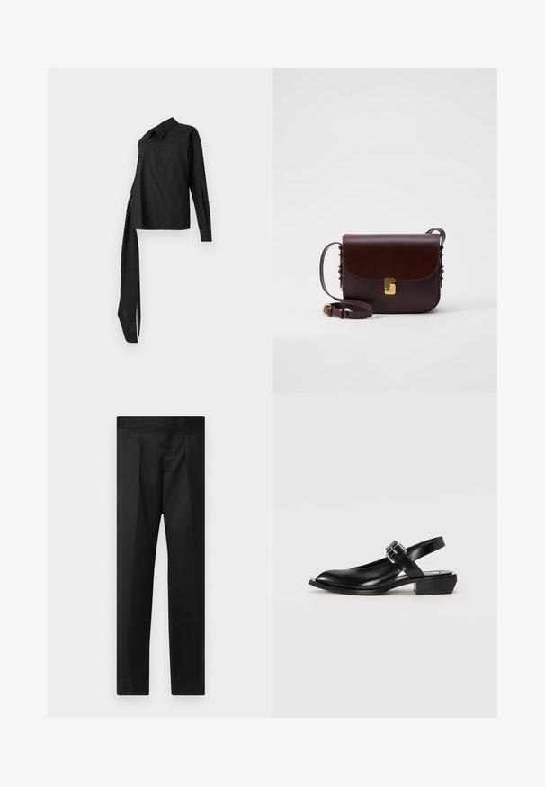 Cămășă neagră cu mâneci lungi, realizată dintr-un material neted, având guler, un design asimetric și o cravată lungă pe o parte pentru detaliu.; Pantaloni negri cu un material neted, design croit, picioare drepte și un talie plată fără închideri sau buzunare vizibile.; Pantofii slingback din piele neagră au un vârf ascuțit, toc pătrat și o curea cu cataramă ajustabilă. Textura netedă și designul minimalist îi conferă un aspect elegant.; Geantă din piele maro cu închidere cu clapetă, accesorii aurii și curea reglabilă. Dispune de o textură netedă și o formă rectangulară elegantă.