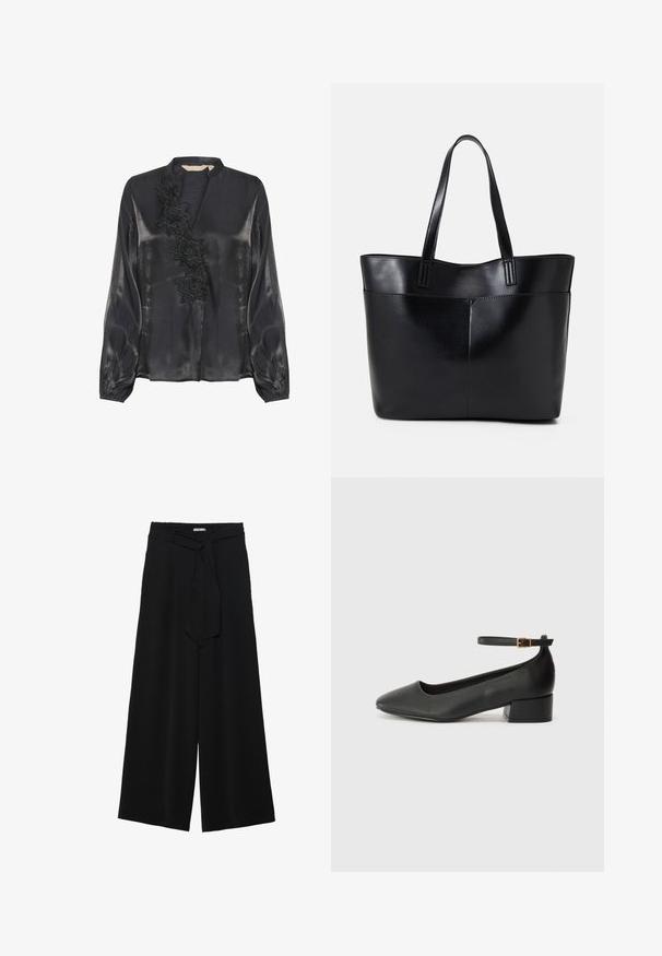 Culture Camicetta - black; Pantaloni neri a gamba larga caratterizzati da un tessuto testurizzato, una vita elastica e una cintura staccabile per una vestibilità regolabile.; Pump in pelle nera con punta affusolata e tacco basso a blocco. Presenta una cinghia alla caviglia con una fibbia in tonalità oro. Texture liscia.; Borsa a tracolla in pelle nera con due manici lunghi, una texture liscia e una forma strutturata. Presenta una tasca frontale per ulteriore spazio di archiviazione.