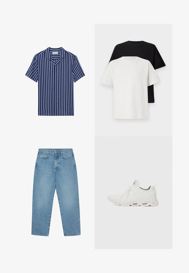 Pier One LINEN MIX BLEND SHIRT - Vapaa-ajan kauluspaita - dark blue/white; Setti puuvillapaitoja, joissa on musta ja valkoinen paita, molemmat lyhythihaisilla, pyöreällä kaula-aukolla ja normaalilla istuvuudella. Teksturoitu kangas.; Vaaleansiniset leveälahkeiset farkut korkealla vyötäröllä, joissa on viisi taskua, vyölenkit ja pehmeä, hieman haalistunut pinta.; Valkoiset urheilukengät, joissa on teksturoitu neulepinta, litteät nauhat ja pehmustettu pohja, jossa on näkyvät ilmakammiot lisätuen tarjoamiseksi.