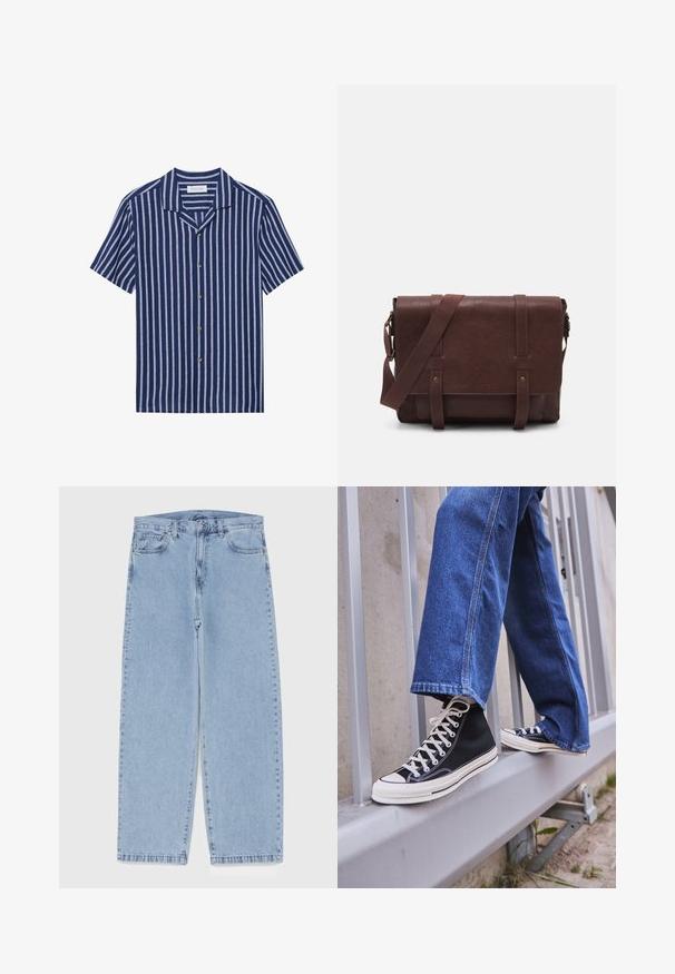 Pier One LINEN MIX BLEND SHIRT - Vapaa-ajan kauluspaita - dark blue/white; Valkoinen puuvillainen hihaton paita, jossa on pyöreä kaula-aukko, leveät olkaimet ja suora helma. Paidan tekstuuri on sileä, eikä siinä ole näkyviä kuvioita.; Vaaleansiniset farkut suoran lahkeen muotoilulla, joissa on puolivälin vyötärö, viisi taskua sekä nappi- ja vetoketjusuljenta.; Mustat high-top tennarit valkoisella pohjalla ja nauhoilla, yhdistettynä väljään sinisiin farkkuihin, lepäävät harmaalla kaiteella.; Ruskea nahkainen viestintälaatikko, jossa on litteä etuläppä, kaksi remmiä, kultaiset yksityiskohdat ja säädettävä olkahihna.