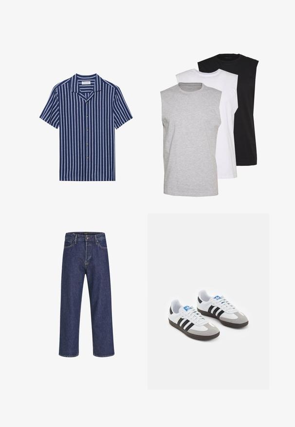 Pier One LINEN MIX BLEND SHIRT - Marškiniai - dark blue/white; Trys beblauzdžiai marškiniai pilkos, baltos ir juodos spalvų. Minkšta medvilnės medžiaga, apvaliu iškirpimu ir laisvu siluetu. Paprastas dizainas, be raštų.; Tamsiai mėlynos džinsinės kelnės su tiesiu kirpimu, penkių kišenių dizainu, metaline sagte ir kontrastingomis siūlėmis, pasižyminčios subtilia tekstūra.; Sportiniai batai su balta odine viršutine dalimi, pilku zomšiniu priekiu ir trimis juodomis juostelėmis. Ant liežuvio yra mėlynas logotipas, o padas pagamintas iš tekstūruoto gumos.