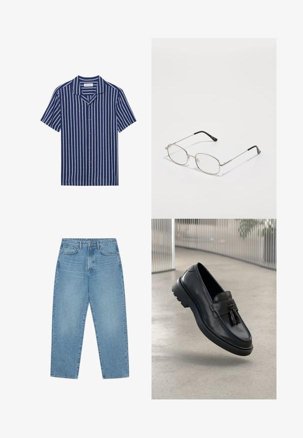 Pier One LINEN MIX BLEND SHIRT - Chemise - dark blue/white; Jean en denim bleu clair avec une coupe droite, design cinq poches et une texture légèrement délavée. Dispose d'une fermeture à bouton et à glissière.; Mocassins en cuir noir à finition lisse, avec pompon décoratif, semelle en caoutchouc épaisse et détails cousus. Design léger et élégant.; Lunettes en métal avec une monture ovale, des biseaux argentés et des verres transparents. Branches droites et fines avec des embouts noirs, design minimaliste.