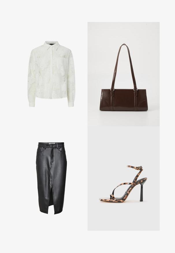 Vit långärmad skjorta med blommig spetsstruktur, knappstängning fram, klassisk krage, en bröstficka och manschetter.; Svart läderkjol med en medellång design, som har en framslutning, klassiska bältesöglor och sydda detaljer längs sömmarna.; Remmar med hög klack och kvadratisk tå, med ett leopardsmönster i bruna och svarta nyanser på en glänsande yta.; Brun blankläderväska med rektangulär form, två långa handtag och subtila böjda accenter på framsidan.
