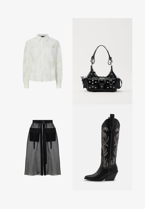 Camisa blanca de manga larga con textura de encaje floral, botones al frente, cuello clásico, un bolsillo en el pecho y mangas con puños.; Falda negra transparente con una cinturilla fruncida, que presenta dos grandes bolsillos frontales, un lazo en la cintura y un acento metálico circular.; Botas de cowboy de cuero negro con puntas afiladas, tacones cuña y patrones florales bordados en plata a lo largo del caña. Costuras en contraste por toda la bota.; Bolso de mano de cuero negro con un diseño curvado, que cuenta con tachuelas plateadas, una hebilla y dos bolsillos laterales. Correa ajustable para opciones de transporte.