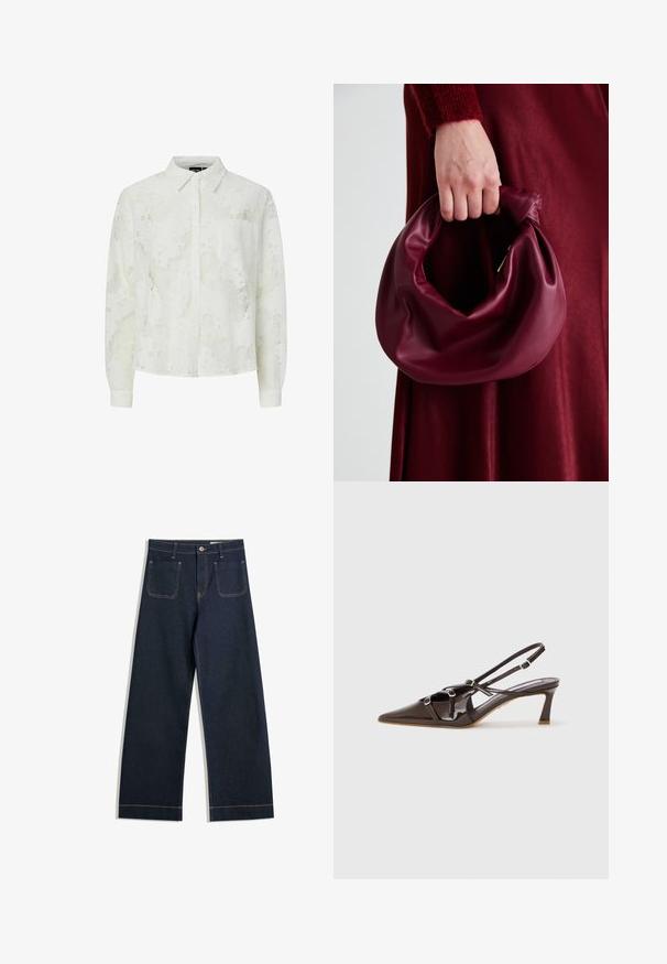 Valkoinen pitkähihaisten paita, jossa on kukkakuvioinen pitsitekstuuri, nappikiinnitys, klassinen kaulus, yksi rintatasku ja nappihihansuut.; Tummansinisiä leveälahkeisia farkkuja, joissa on vaaleanruskeat tikkaukset, kaksi takataskua ja napitus vyötäröllä.; Ruskea patenttina verhoiltu slingback-korkokenkä, jossa on teräväkärkinen muotoilu, säädettävät hihnat ja koristeelliset soljet edessä. Korkeus 3 tuumaa.; Burgundy-nahkakäsilaukku, jossa on pehmeä, ryppyinen muotoilu ja pyöreä muoto. Kahva on kiinnitetty tukevasti, ja siinä on sileä pinta.