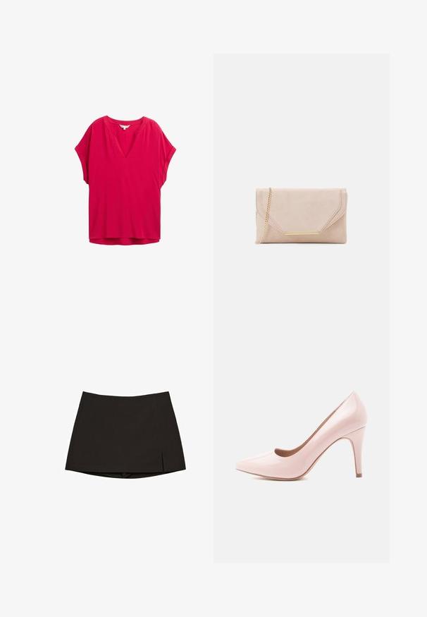 Fuchsia blouse met korte mouwen, V-hals, een ontspannen pasvorm en een gladde textuur. Heeft subtiele steekdetails langs de halslijn.; Asymmetrisch teal top gemaakt van zachte, lichte stof. Bevat gedrapeerde details aan de ene kant en een rechte zoom aan de andere kant.; Zwarte minirok gemaakt van gladde stof, met een rechte snit, zijopeningen en een nette zoom. Eenvoudig en veelzijdig.; Roze gepatenteerde leren hoge hak pump met een spitse neus en een slanke silhouet, met een 10 cm hoge stiletto hak en een gladde afwerking.; Beige suede clutch met een gouden kettingstrap en rechthoekige hardware-accent. Kenmerkt een omgevouwen klep met schuin afgesneden randen en stiksels.