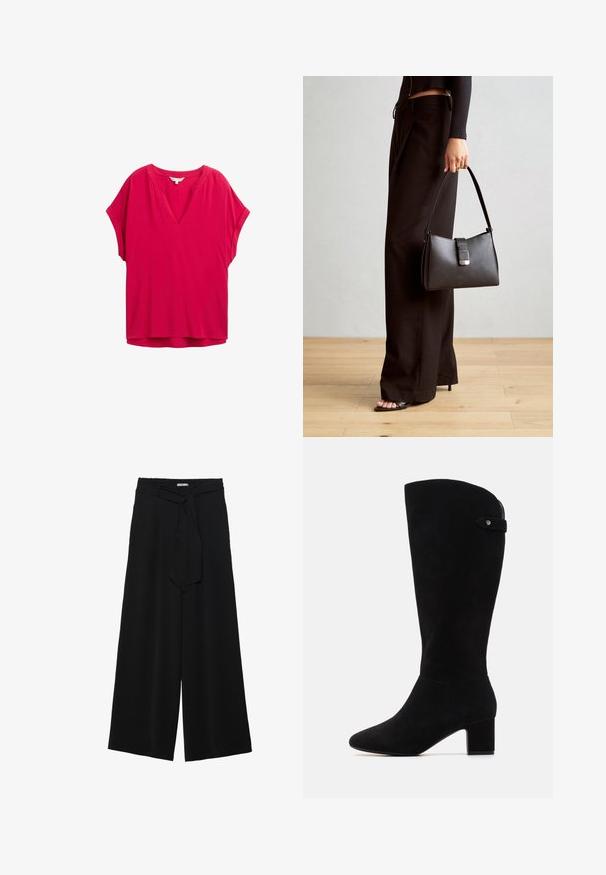 Blouse fuchsia à manches courtes avec un col en V, coupe décontractée et texture lisse. Présente des détails de couture subtils le long de l'encolure.; Pantalons larges noirs en tissu texturé, avec une taille élastique et une ceinture à nouer amovible à la taille pour un ajustement variable.; Bottes noires en daim arrivant au genou, avec un bout pointu et un talon bloc. Elles présentent une texture lisse et un design simple, agrémenté d'une sangle latérale.; Sac à main noir à la forme structurée, texture lisse et fermoir métallique. Associé à un pantalon noir ample et des sandales ouvertes sur un sol en bois.