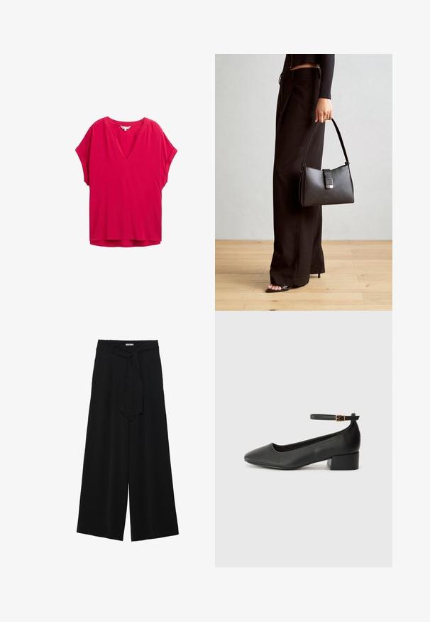 Fuksija bluzica kratkih rukava s V-izrezom, ležernog kroja i glatke teksture. Ima suptilne šavove duž dekoltea.; Crne široke hlače od teksturirane tkanine, s elastičnom pojasom i odvojivim remenom na struku za prilagodivo pristajanje.; Crne kožne pumpe s oštrim vrhom i niskom blok petom. Sadrže remen oko gležnja s zlatnim kopčanjem. Glatka tekstura.; Crna torba s oblikom koji sadrži strukturu, glađu teksturu i metalnu kopču. Uparena s širokim crnim hlačama i sandalama na otvorenom s drvenog poda.