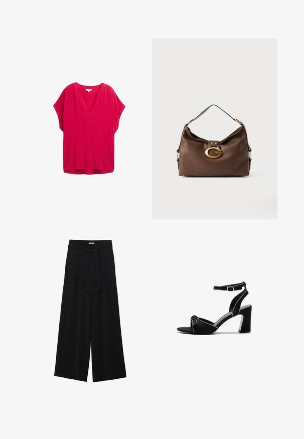 Fuchsia blouse met korte mouwen, V-hals, een ontspannen pasvorm en een gladde textuur. Heeft subtiele steekdetails langs de halslijn.; Zwarte wijde broek van textuurstof, met een elastische tailleband en een afneembare sjaalstrik in de taille voor een verstelbare pasvorm.; Zwarte suede sandalen met hak, voorzien van een brede blokhak, verstelbare enkelsluiting, open teenontwerp en contrasterende stikdetails.; Bruine leren handtas met een textuurafwerking, voorzien van een gouden sluiting en een enkele, gebogen schouderriem.