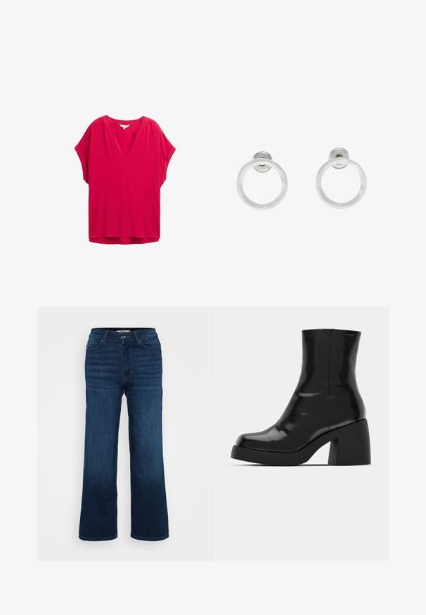 Blusa fucsia a maniche corte con scollatura a V, vestibilità comoda e superficie liscia. Presenta un delicato dettaglio cucito lungo il colletto.; ONLY Petite ONLMADISON BLUSH WIDE - Wide Leg - dark blue denim; Stivali neri alla caviglia con finitura lucida, punta quadrata e tacco a blocco spesso. Il design presenta una silhouette senza cuciture e un branding minimale.; Orecchini a cerchio in metallo argento con finitura spazzolata, caratterizzati da un design circolare e un gancio trasparente sul retro per una vestibilità sicura.