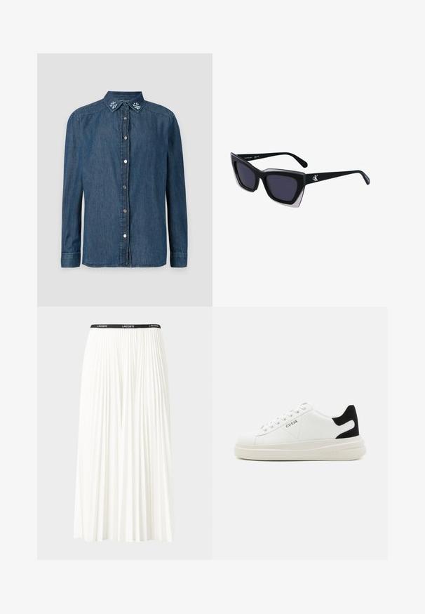 Blå denim skjorte med lange ermer, knappelukking i front, spiss krage og broderte blomstermotiver ved kragen.; Plissert hvit skjørt med en svart elastisk midje som har "LACOSTE"-logoen. Midjelengde design med myk tekstur.; Hvite lær sneakers med tykk hvit såle, svart semsket hælforsterkning og preget logo på siden. Snøresystem med seks hull.; Store svarte solbriller i overdimensjonert størrelse med geometrisk form, med mørke linser og en kontrasterende grå detalj på rammen. Logo på armen.