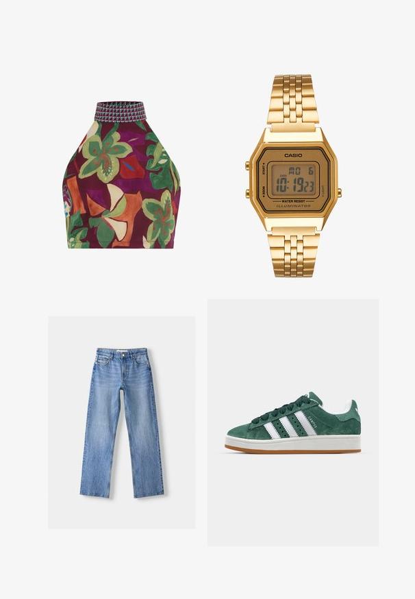 Top a halter floreale con sfondo viola, caratterizzato da fiori verdi e arancioni. Accentuato con un colletto a motivo texturizzato nei toni del verde e del rosa.; Jeans in denim blu chiaro con design a gamba dritta, dotati di cinque tasche, chiusura frontale con bottone e leggeri effetti di sbiadimento per texture.; Sneaker in suede verde con strisce in pelle bianca, suola in gomma, collarino imbottito e design minimalista. Presenta il marchio sul lato.; Orologio digitale oro con quadrante rettangolare, display LCD, bracciale in acciaio inossidabile e pulsanti laterali. Presenta un'etichetta di impermeabilità.