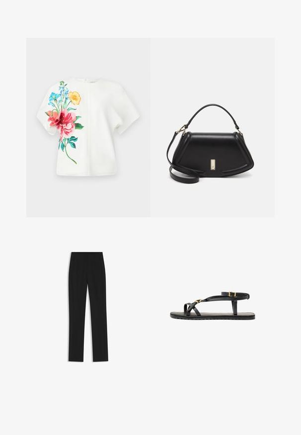 White short-sleeve top featuring vibrant floral print in pink, blue, and orange on the left side; smooth fabric with a relaxed fit.; Black tailored trousers with a straight-leg design, featuring front pockets and a smooth, textured fabric. Neat, minimal detailing.; Black leather sandals with thin straps and a buckled ankle strap. Flat sole with a textured finish and zigzag edge. Minimalist design.; Black leather handbag with a structured design, featuring a cropped shape, top handle, and gold hardware accent. Adjustable shoulder strap included.