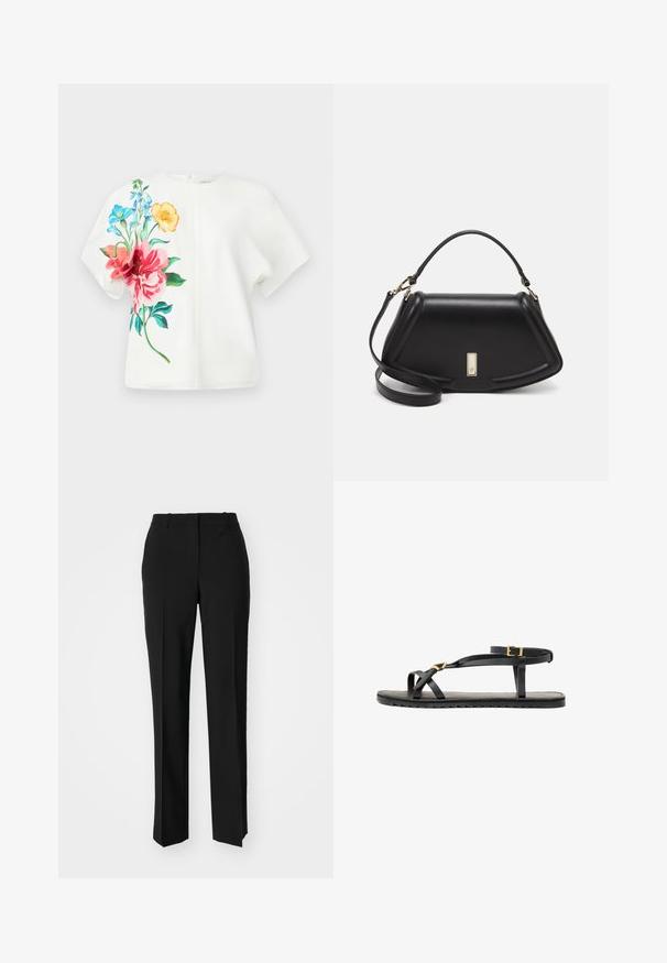 Top bianco a maniche corte con vivace stampa floreale in rosa, blu e arancione sul lato sinistro; tessuto liscio con una vestibilità comoda.; Pantaloni neri su misura con un design a gamba dritta, caratterizzati da una texture liscia e pieghe ben definite sul davanti. Senza hardware visibile.; Sandali neri in pelle con sottili cinturini e una cinghia alla caviglia con fibbia. Suola piatta con una finitura texturizzata e bordo a zigzag. Design minimalista.; Borsa a mano in pelle nera con un design strutturato, caratterizzata da una forma corta, manico superiore e accessori in metallo dorato. Inclusa tracolla regolabile.