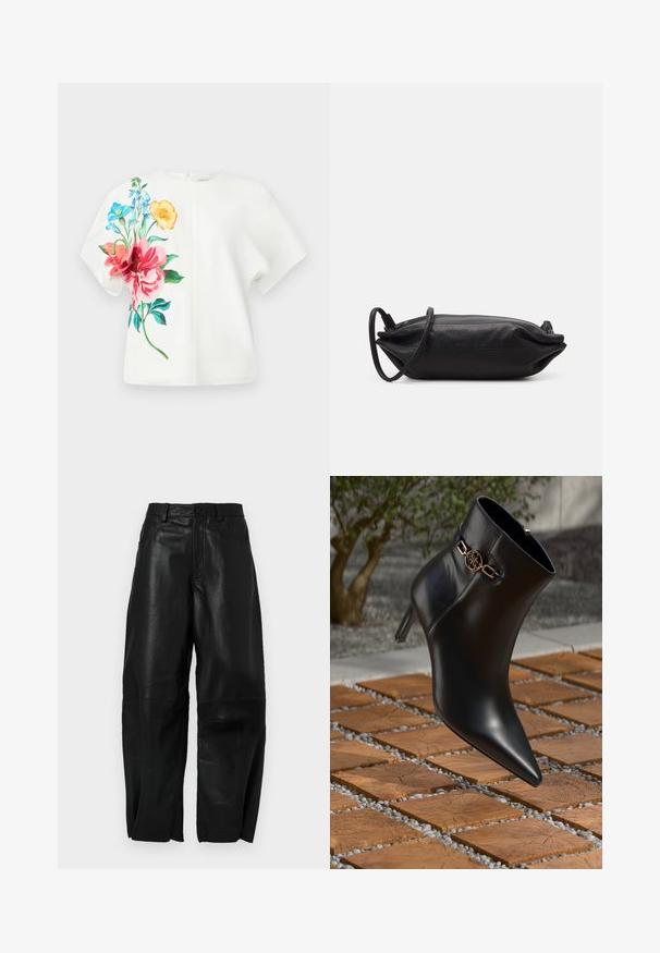 Biały top z krótkim rękawem z żywym kwiatowym wzorem w kolorze różowym, niebieskim i pomarańczowym po lewej stronie; gładki materiał o luźnym kroju.; Czarne skórzane spodnie o luźnym kroju, z prostą nogawką, kieszeniami z przodu oraz widocznymi detalami szwów.; Czarne skórzane botki za kostkę z ostrokończastym noskiem i niewielkim obcasem. Posiadają złoty łańcuszek na kostce. Otoczone strukturalną powierzchnią kamienia.; Czarna skórzana torebka kopertówka w prostokątnym kształcie, gładka w dotyku, z cienkim paskiem na ramię i minimalistycznym designem.
