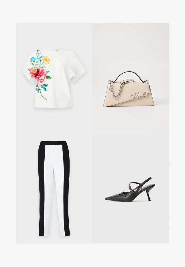 Bela majica s kratkimi rokavi z živahnim cvetličnim vzorcem v rožnati, modri in oranžni barvi na levi strani; gladka tkanina s sproščenim krojem.; Črne in bele zožene hlače s slim fit krojem ter kontrastnimi paneli. Tkanina ima gladko teksturo; pas je raven in prilegajoč.; Črne usnjene sandale na peto s koničastim nosom, vitko peto in okrasno zaponko na sprednjem delu. Gladka tekstura in eleganten dizajn.; Bežna usnjena torbica s strukturirano, trikotno obliko, z zlatim verižnim ročajem in povečenim logotipom iz kovine.