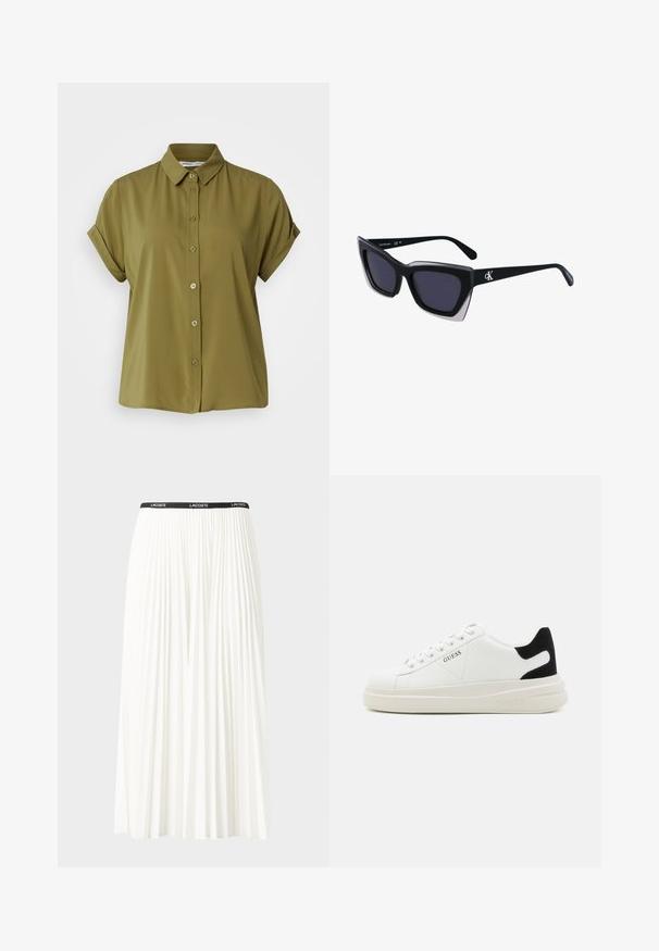 Samsøe Samsøe MAJAN SS - Bluza z gumbi - olive; Gubasta bela krila z črnim elastičnim pasom, ki nosi logotip "LACOSTE". Srednje dolga zasnova z mehkobo tkanine.; Bele usnjene športne copate z debelim belim podplatom, črnimi semišnimi detajli na peti in utisnjenim logotipom na strani. Zavezovanje s šestimi luknjicami.; Črne prevelike sončne očala geometrijske oblike, z temnimi lečami in kontrastno sivo podrobnostjo na okvirju. Logo na ročaju.