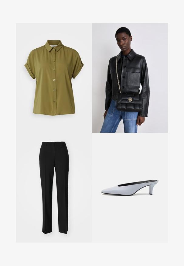 Samsøe Samsøe MAJAN SS - Skjortebluse - olive; Sorte skreddersydde bukser med rett silhuett, med en glatt tekstur og klare pressede bretter foran. Ingen synlig maskinvare.; Lys blå patentlær mule med spiss tå, lav gjennomsiktig hæl og en elegant design med utskjæring på vampen.; Svart skinnjakke med knappelukking og to frontlommer, sammen med en svart kviltet håndveske med gullspenne og kjedehank.