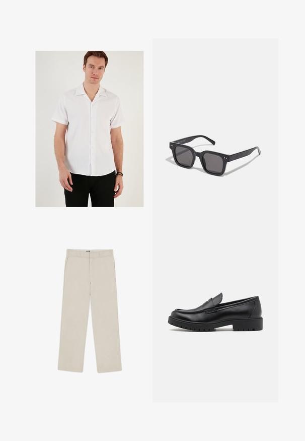 Hvid kortærmet skjorte med ribbet tekstur, spredt krave og knaplukning foran. Parret med sorte bukser, der viser et afslappet design.; Hvid T-shirt med korteærmer lavet af blødt bomuld, med rund halsudskæring og en afslappet pasform med lige kant. Ingen mønstre eller detaljer synlige.; Beige brede bukser med en glat tekstur, der har bæltestropper, to frontlommer og en lynlåslukning. Minimalistisk design.; Sorte læder loafers med rund tå, slip-on design og tyk gummisål med tekstureret greb. Forhøjet hæl og subtile syninger.; Sorte rektangulære solbriller med mørke linser, der har en tyk ramme, subtile detaljer på siderne og uden synlige logoer udover mærkenavnet.; Metal kvartsur med sort urskive, hvide tal og datoviser. Har en urkasse i rustfrit stål og en vandmodstand på 100 m.