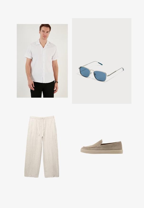 Cămașă albă cu mânecă scurtă, cu o textură ribbed, guler deschis și închidere cu nasturi. Combinată cu pantaloni negri, evidențiind un design casual.; Pantaloni din in de culoare bej deschis, cu un brâu elastic și șnur, cu un design cu picioare largi și buzunare laterale. Textură netedă.; Ghete slip-on din suede bej, cu vârf rotunjit, design de profil redus și finisaj texturat. Prezintă detalii de cusătură subtile pe partea superioară.; Ochelari de soare cu un cadru metalic argintiu, lentile albastre de formă rectangulară și brațe subțiri. Prezintă accente albastre pe vârful tâmplelor.