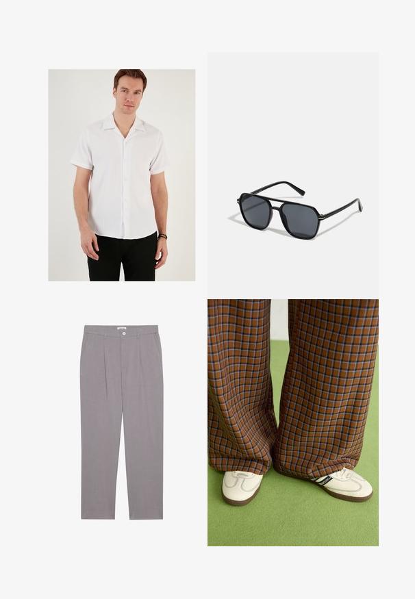 Bijela košulja kratkih rukava s rebrastom teksturom, s ovratnikom i gumbima sprijeda. Uparena s crnim hlačama, pokazujući ležeran dizajn.; Sive krojene hlače ravnog kroja, s dva prednja džepa, nabranim detaljima i kopčanjem na dugme. Izrađene od laganog materijala.; Smeđe i plave karirane široke hlače uparene s bijelim cipelama s crnim akcentima i teksturiranim potplatom, na zelenoj pozadini.; Crne sunčane naočale s osmerokutnim okvirom, tamnim lećama, sjajnom završnom obradom, tankim plaštem i zlatnim detaljima na prednjem dijelu.