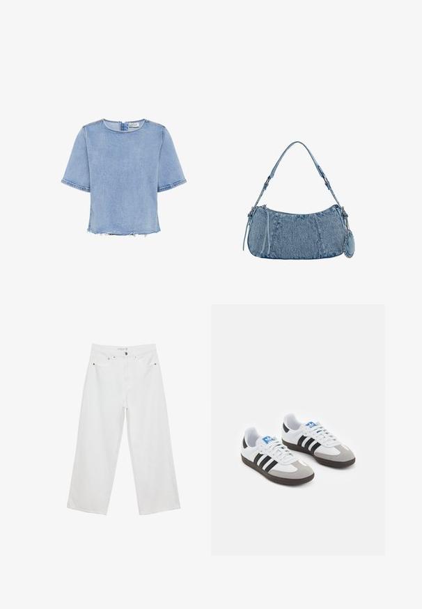 My Essential Wardrobe LATTI - Camicetta - light blue retro wash; Jeans bianchi a gamba larga realizzati in denim con vita alta, dotati di cinque tasche e dettagli in metallo. Texture liscia, senza motivi visibili.; Scarpe sportive con tomaia in pelle bianca, punta in suede grigia e tre strisce nere. Presentano un logo blu sulla linguetta e una suola in gomma testurizzata.; Borsa in denim con forma curvata, colore azzurro chiaro, tracolla regolabile e una piccola pochette staccabile con accenti metallici.