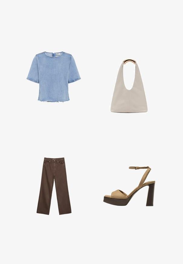 My Essential Wardrobe LATTI jasnoniebieski; Szerokie brązowe dżinsy wykonane z denimu, z wysokim stanem, przednimi kieszeniami i klasycznym zapięciem na guzik. Gładka faktura z subtelnym przeszyciem.; Beżowe zamszowe sandały na wysokim obcasie z szerokim paskiem z przodu i paskiem za kostkę, z masywnym drewnianym obcasem o teksturowanym wykończeniu.; Jasnoszara skórzana torba o kształcie litery U z zakrzywionym metalowym uchwytem. Gładka tekstura z minimalnymi szwami i bez widocznych wzorów.