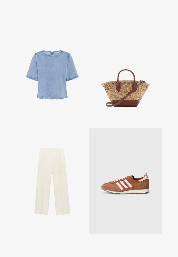 My Essential Wardrobe LATTI - Bluză - light blue retro wash; Pantaloni cu picioare largi, de culoare crem deschis. Realizați dintr-un material neted, cu plisuri în față și buzunare laterale.; Adidaș maro și roz de la Adidas, cu detalii din piele întoarsă, trei dungi roz pe lateral și talpă albă cu un accent verde.; Geantă din paie împletită cu accente din piele maro, două mânere și curea detașabilă. Formă curbată cu o bază robustă.