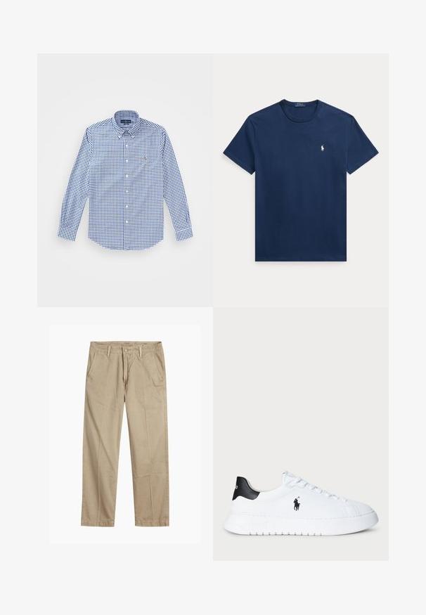 Blå og hvit rutete skjorte med lange ermer, knapper i kragen og en liten brodert logo på brystet. Laget av bomull.; Mørkeblå bomull t-skjorte med rund hals og korte ermer. Lite hvitt Polo-logo på venstre bryst. Klassisk passform og glatt tekstur.; Beige straight-leg chinos med beltehemper, frontlukking med knapp og glidelås, og skrå frontlommer.; Hvit lavt beskåret sneaker med svart hælflik og svart Polo Ralph Lauren-logo på siden, med hvite lisser og tykk gummisåle.