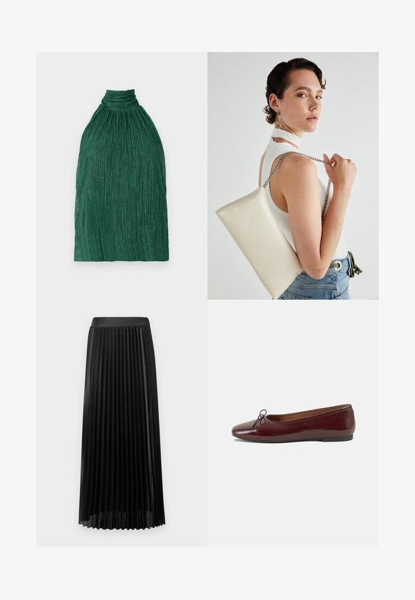 Top plisado verde con cuello alto. Hecho de una tela texturizada, que presenta un diseño fruncido y costillas verticales para mayor dimensión.; Falda negra plisada con una cinturilla lisa, hecha de una tela ligera. Presenta pliegues verticales nítidos y un diseño de longitud a media pantorrilla.; Bailarina de charol burdeos con punta redonda, pequeño lazo en la parte frontal y una suela baja de goma negra. Textura suave.; Bolso de mano rectangular blanco, hecho de un material brillante, con una cadena plateada. La modelo posa, mostrando el bolso frente a un fondo liso.