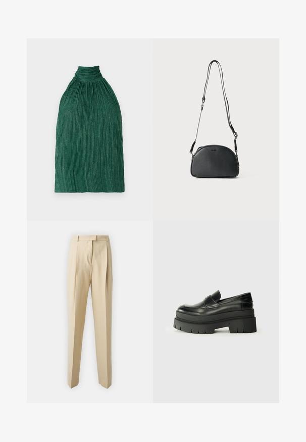 Zelen zgibani top s visokim ovratnikom. Narejen iz teksturirane tkanine, z nabranim dizajnom in vertikalnimi žarki za dodatno dimenzijo.; Bež hlače s krojem ravne nogavice, ki imajo zadrgo, pas ter gladko teksturo. Brez vidnih žepov ali okrasnih elementov.; Črne usnjene loafer čevlje s debelim platformastim podplatom. Okrogla oblika, detajl na sprednji šivi in subtilni šivi. Raven, teksturiran podplat.; Črna usnjena torbica za čez ramo zaokrožene oblike, z dvema prilagodljivima naramnicama in diskretnim logotipom na sprednji strani. Teksturirana zunanjost, minimalističen dizajn.