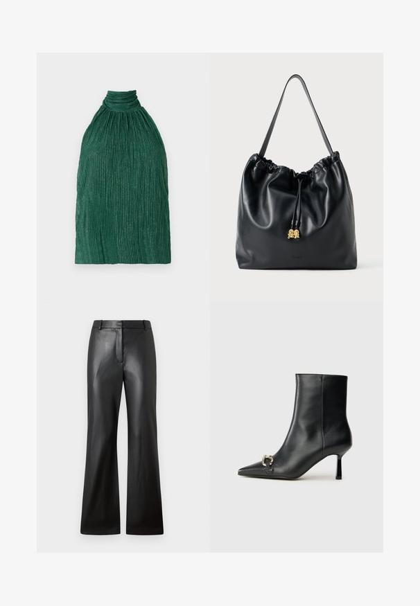 Groene geplooide top met een hoge hals. Gemaakt van textuurstof, met een verzameld ontwerp en verticale ribbels voor extra diepte.; Zwarte leren broek met een gladde textuur, een wijde pijpdesign en een middelhoge tailleband met riemlussen en voorzakken.; Zwarte leren enkelboot met spitse neus, slanke middenhoge hak en zilveren gespdetail aan de zijkant op een effen achtergrond.; Zwarte leren trekkoordtas met een soepele textuur, gatherin aan de bovenkant en subtiele gouden accenten. Beschikt over een enkele stevige schouderband en een geperst logo.
