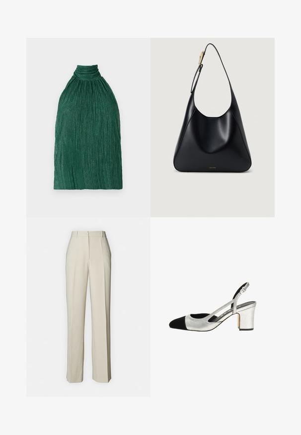 Zaļš plisēts tops ar augstu kaklu. Izgatavots no struktūrētas auduma, tam ir savilkta forma un vertikālas rievas, kas piešķir papildu dimensiju.; Beige pielētie bikses ar taisnu griezumu, kurām ir priekšējie krokas, plakans jostasvieta un gluda tekstūra, nodrošinot tīru apdari.; Sudraba slingback zābaki ar melnu purngalu, teksturētu augšdaļu un blokveida papēdi. Ar izgrieztām sānu daļām un regulējamu siksniņu ērtai piegulšanai.; Melnas ādas plecu soma ar gludu tekstūru, izliekta silueta un zelta aparatūru. Aprīkota ar debumpētu zīmola logotipu apakšā.
