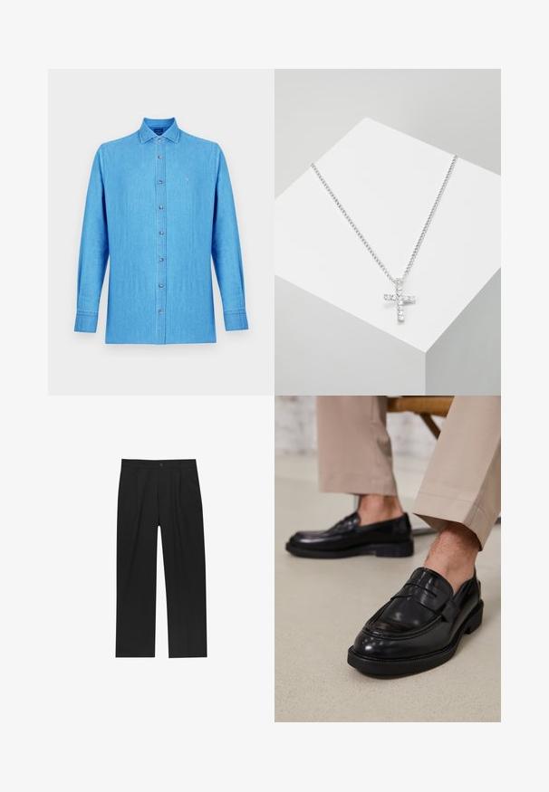 Lichtblauw overhemd met knopen, gemaakt van denim stof. Heeft een klassieke kraag, lange mouwen en een klein geborduurd logo op de borst.; Zwarte broeken met een recht model, gemaakt van een gladde stof. Voorzien van een voorplooien en een enkele knoopsluiting bij de taille.; Zwarte leren loafers met een gladde afwerking, voorzien van een decoratieve band en contrasterende stiksels, gecombineerd met beige broeken.; Urban Classics CROSS NECKLACE - Ketting - silver-coloured