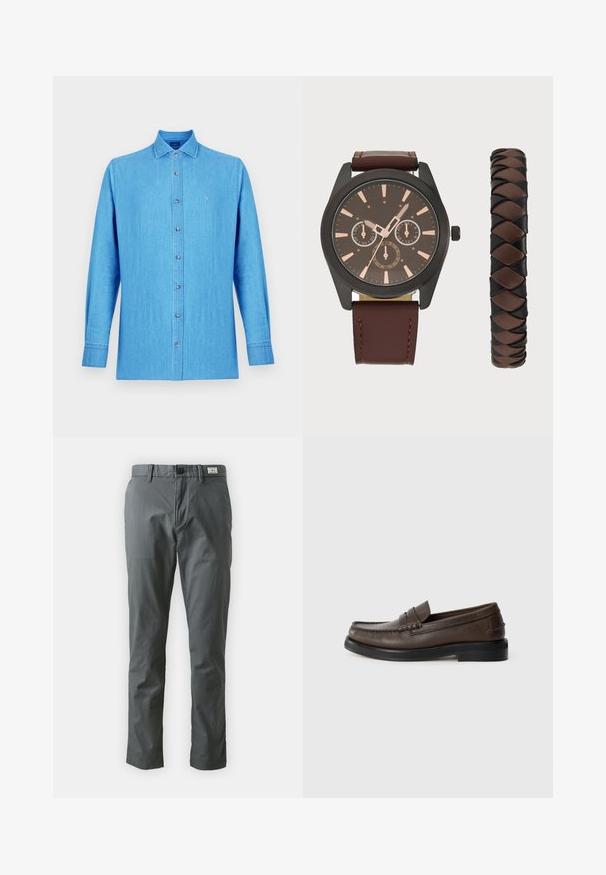 Cămașă albastru deschis, cu nasturi, confecționată din țesătură denim. Are guler clasic, mâneci lungi și un mic logo brodat pe piept.; Chino din bumbac gri cu un design drept, având închidere cu nasture, bucle pentru curea și buzunare laterale. Textură netedă și detalii minime.; Mocasini din piele maro, cu vârful rotund, cusături detaliate și o talpă plată neagră. Prezintă o mică curea decorativă pe glezna piciorului.; Pier One SET - Ceas de mână - black/brown