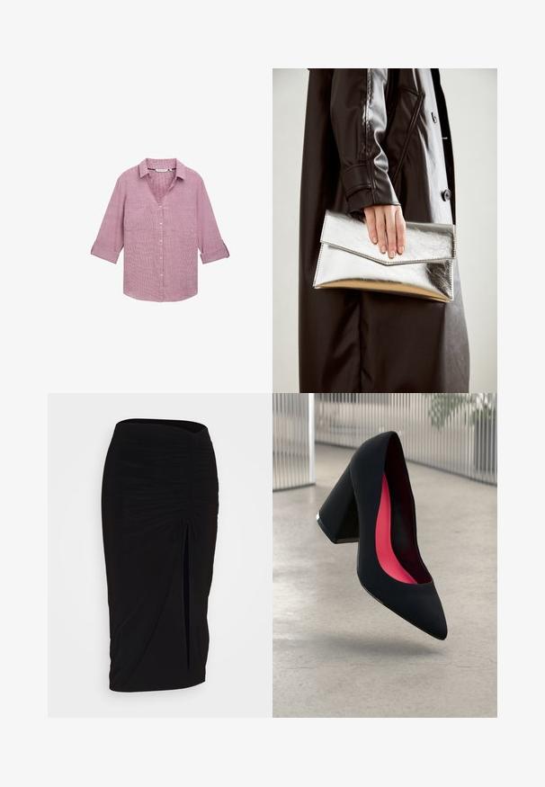 TOM TAILOR STRUKTURIERTE - Hemdbluse - pink velvet; Schwarzer, geraffter Bleistiftrock mit Bindegürtel und seitlichem Schlitz. Hergestellt aus einem dehnbaren Stoff, mit glatter Textur und figurschmeichelndem Design.; Schwarzer High-Heel-Schuh mit spitzer Kappe und strukturierter Oberseite. Innenfutter in leuchtendem Pink. Quadratischer Absatz mit metallischem Akzent an der Basis.; Silberner metallischer Clutch mit einem eckigen Umschlagdesign, glatter Textur und kontrastierender Innenfarbe, gehalten in einer Hand, die einen schwarzen Mantel trägt.; Silberne Creolen mit polierter Oberfläche, die kleine goldene Akzentdetails und eine runde Form aufweisen, am Ohrläppchen getragen.