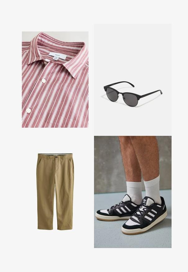 Gestreiftes Hemd in Kastanienbraun und Weiß mit Kragen, aus Baumwollmaterial, mit Knopfverschluss, Brusttasche und einem Markenetikett am Kragen.; Khakifarbene Chinos aus Baumwollmischung, mit zwei Seitentaschen, einem Knopfverschluss, geradem Bein und glatter Textur.; Schwarz-weiße Sneaker mit einem Obermaterial aus Wildleder und Leder, ausgestattet mit drei weißen Streifen, einer perforierten Zehenpartie und einer Sohle aus Gummi.; Schwarze Sonnenbrille mit runden Gläsern, matter Oberfläche und markanter Cat-Eye-Form. Schlanke Bügel mit dezenter Markenkennzeichnung am linken Schläfenstück.; Leichte beiger Canvas-Umhängetasche mit zwei robusten Griffen, kontrastierendem weißen Besatz und dem Logo "THE NORTH FACE" in Schwarz an der Vorderseite.; Weiße Perlenkette mit einheitlich runder Form, glatter Oberfläche und Metallverschluss mit Verlängerungskette für anpassbare Länge.