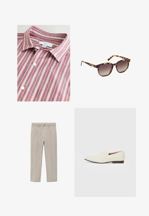 T-paita, jossa on burgundy- ja valkoisia raitoja, maksoitemateriaalia, jossa on napitus, rintatasku ja brändilogo kauluksessa.; Vaaleanbeiget housut, jotka on valmistettu puuvillasekoitteesta. Niissä on suora lahje, eturypyt, nappikiinnitys ja sivutaskut.; Vaaleanbeige loaferit, joissa on terävä kärki, sileä materiaali, nauha vampin yli ja matala ruskea pohja. Yksinkertainen muotoilu, jossa on minimaalista korostusta.; Kovakuoriset aurinkolasit, joilla on neliömäinen muoto, harmaa liukuvärilason, ja tyylikkäät, ohuet varret. Sivussa on minimaalinen brändäys.