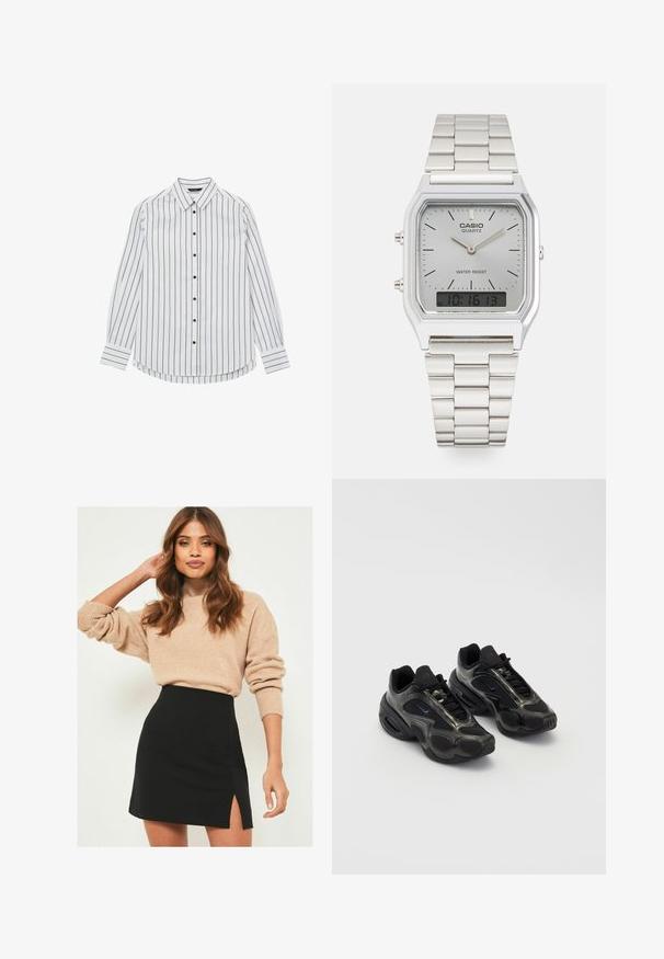 White long-sleeve button-up shirt with narrow black stripes, rounded hem, and black buttons on the front and cuffs. Smooth fabric texture.; Black cotton t-shirts in a relaxed fit, featuring short sleeves and a round neckline. Two pieces shown, with a smooth texture.; Beige knit sweater with ribbed cuffs paired with a black mini skirt featuring a side slit. The outfit has a relaxed yet fitted silhouette.; Black athletic shoes with synthetic material, mesh accents, and rounded soles. Features lacing system and prominent Nike logo on tongue.; Silver Casio quartz watch with rectangular face, analog and digital displays, stainless steel bracelet, and water-resistant features.