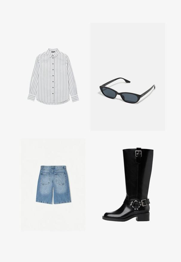 White long-sleeve button-up shirt with narrow black stripes, rounded hem, and black buttons on the front and cuffs. Smooth fabric texture.; Denim shorts in light blue with a relaxed fit. Features two back pockets and a straight leg design. Smooth texture with minimal fading.; Black leather knee-high boot with a rounded toe, a chunky heel, adjustable strap with hardware accents, and a glossy finish.; Black cat-eye sunglasses with dark lenses, plastic frame, slim temples, and subtle branding on the inner arm. Matte finish texture.; Black leather shoulder bag with a curved silhouette, featuring a gold chain strap and a smooth, glossy finish.