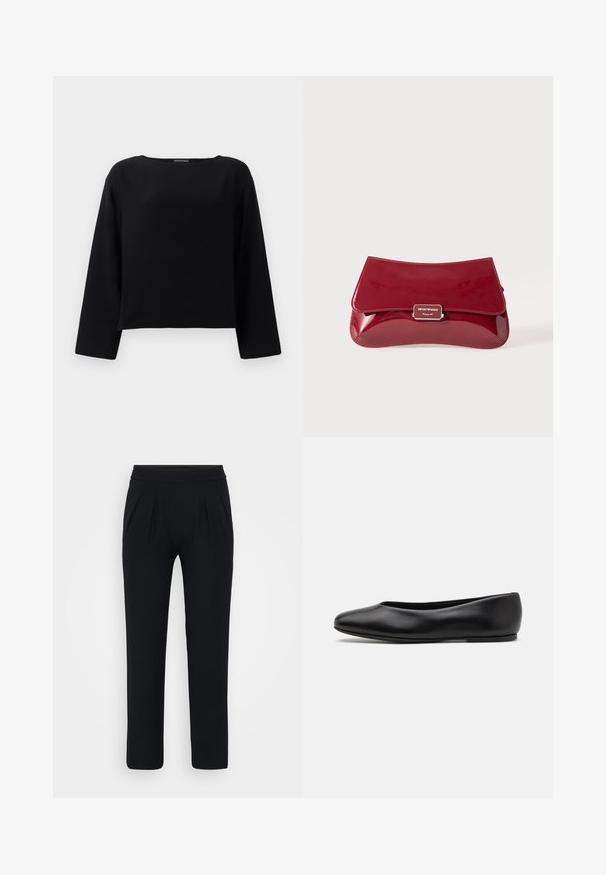 Black, long-sleeve top with a rounded neckline, made of smooth fabric. The design is cropped with a straight cut at the hem. Minimalist style.; Black, wide-leg trousers made of smooth fabric. Features an elastic waistband and two front pleats. No visible patterns or hardware.; Paul Smith TOPANGA - Ballet pumps - black; Red patent leather clutch bag with a curved design, fold-over flap, and a metal logo accent on a silver plaque. Smooth, shiny texture.