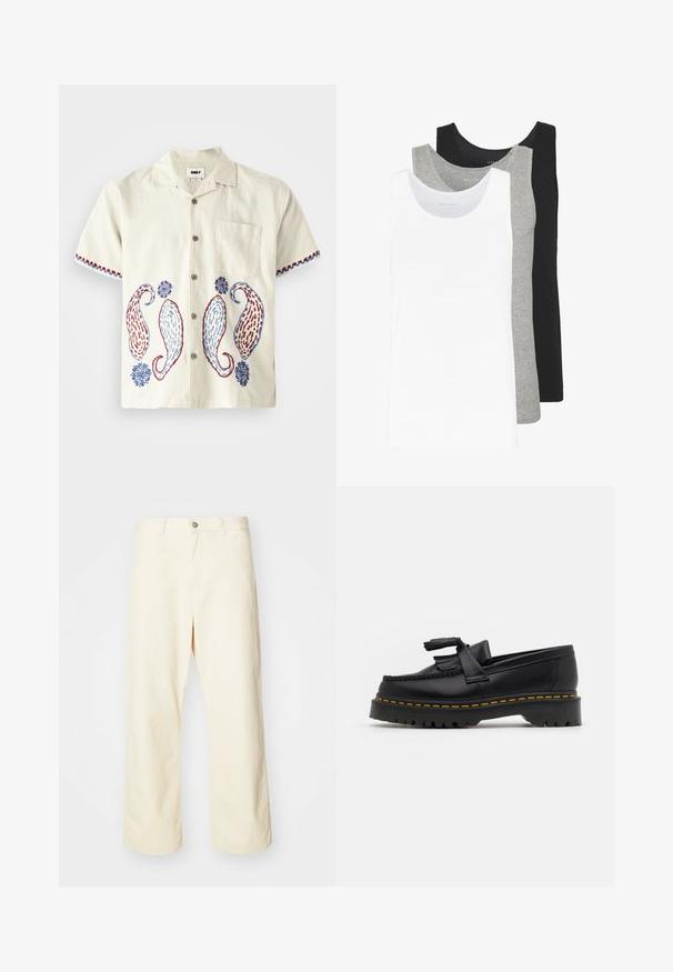 Majica s kratkimi rokavi, svetlo bež barve, izdelana iz bombaža, z vezenjem v vzorcu paisley v modri in rdeči barvi. Ima žep na prsih in gumbasto zapiranje.; Tri majice brez rokavov v bežni, sivi in črni barvi. Vsaka je značilna po klasičnem brezrokavem dizajnu, izdelana iz lahkega bombažnega materiala z rebrasto teksturo.; Kremne široke hlače iz bombaža z gumbom za zapiranje, zankami za pas in šivanim robom. Gladka tekstura, brez vidnih vzorcev.; Črne usnjene loafersice s kaširanim naglasom, z debelim črnim podplatom in rumenim šivom ob robu. Teksturirana površina.