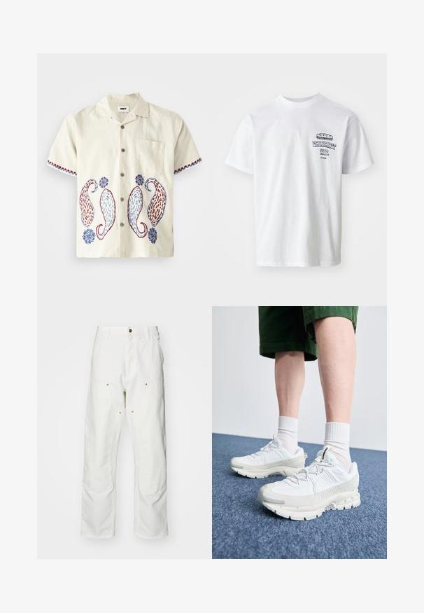 Rövid ujjú, világos bézs színű pamut ing, kék és piros paisley hímezéssel. Mellzsebbel és gombos záródással rendelkezik.; Fehér, rövid ujjú pamut póló kerek nyakkal, melynek elülső részén a "Carhartt WIP" szöveg és egy ételt ábrázoló grafika található.; Fehér pamut cargo nadrág, laza szabású. Jellemzői közé tartozik az elülső zsebek, az arany színű fémalkatrészek és a megerősített térd részek.; Fehér sportcipők texturált burkolattal, vastag talppal és szürke részletekkel. Fehér sportzoknival és zöld rövidnadrággal viselve, kék felületen.