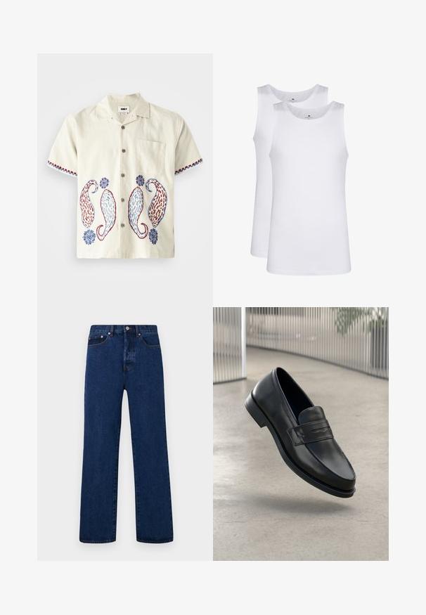 Kurzärmliges, hellbeiges Baumwollhemd mit Paisley-Stickerei in Blau und Rot. Verfügt über eine Brusttasche und eine Knopfverschluss.; Weiße Baumwoll-Tanktops, ärmelloses Design, runder Ausschnitt, schlichte Textur, aus einem weichen, leichten Stoff. Zwei Stücke ausgestellt.; Dunkelblaue Jeans aus Denim mit geradem Bein, verziert mit orangefarbenen Nähten, einem Knopfverschluss und zwei vorderen Taschen mit kontrastierenden Nieten.; Schwarzer Lederloafer mit glatter Textur, spitzer Zehe und einem dekorativen Riemen über dem Rist. Leichte Sohle, minimalistisches Design.